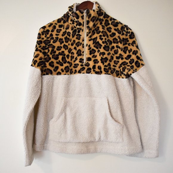 Pink Lily Jackets & Blazers - Pink Lily leopard print teddy quarter zip sherpa sweatshirt size M